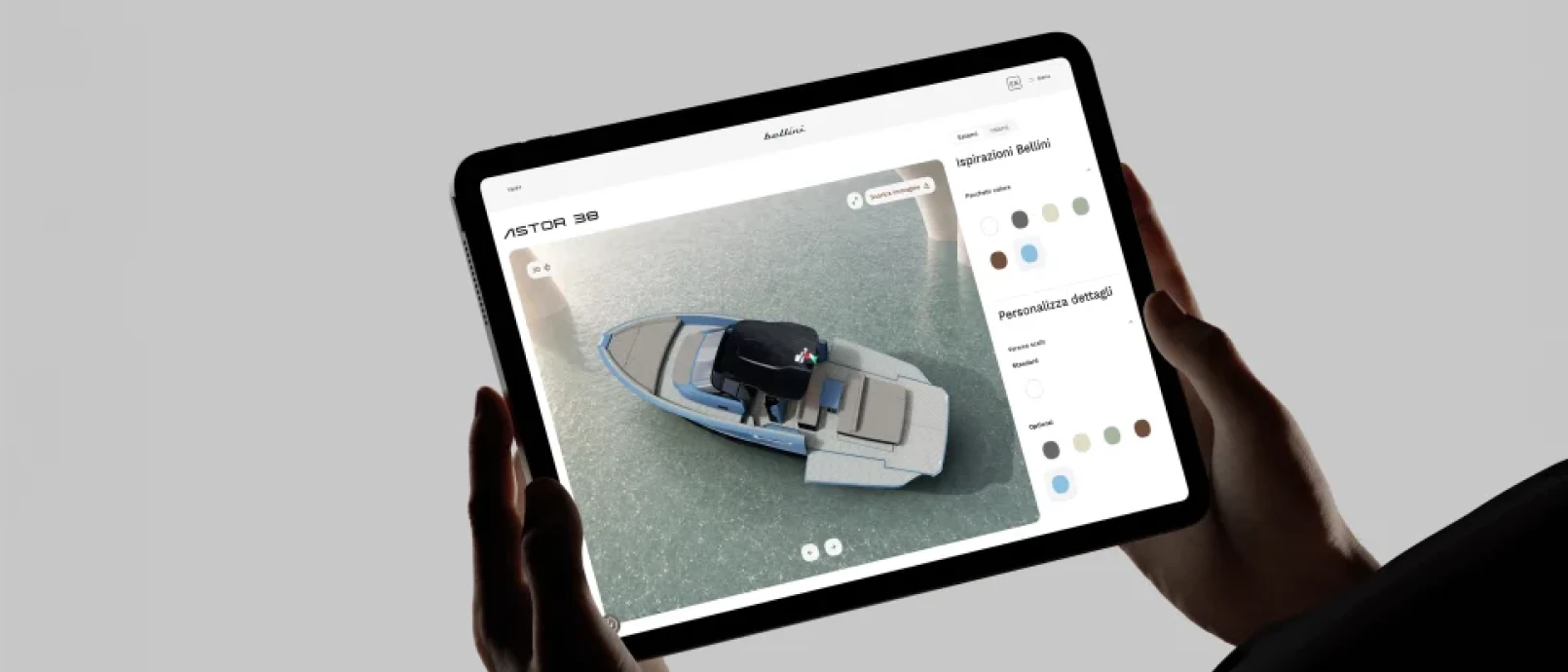 Configuratore Astor 38 di Bellini Yacht su tablet