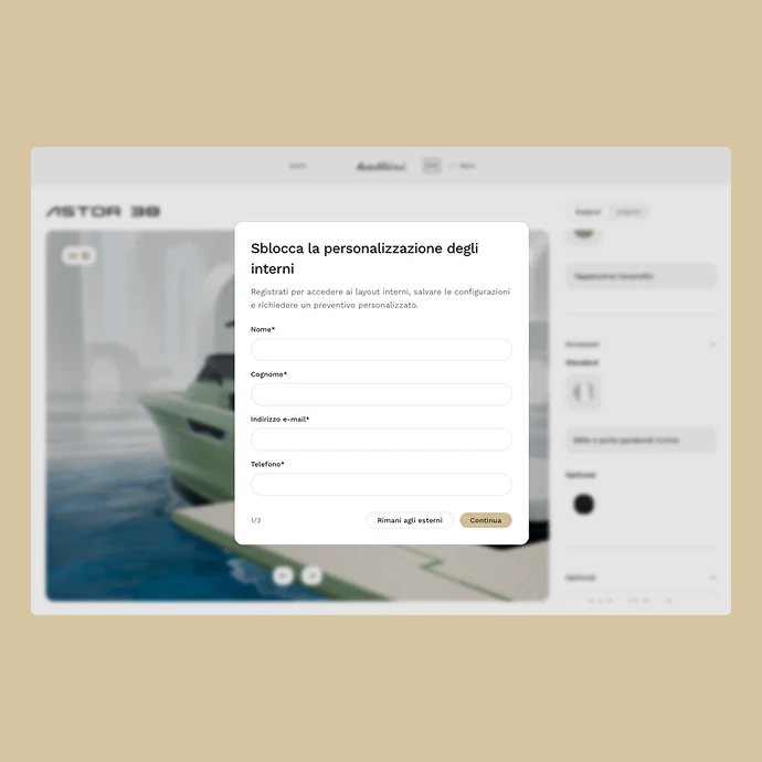 Configuratore Astor 38 — modulo di registrazione per sbloccare la personalizzazione degli interni