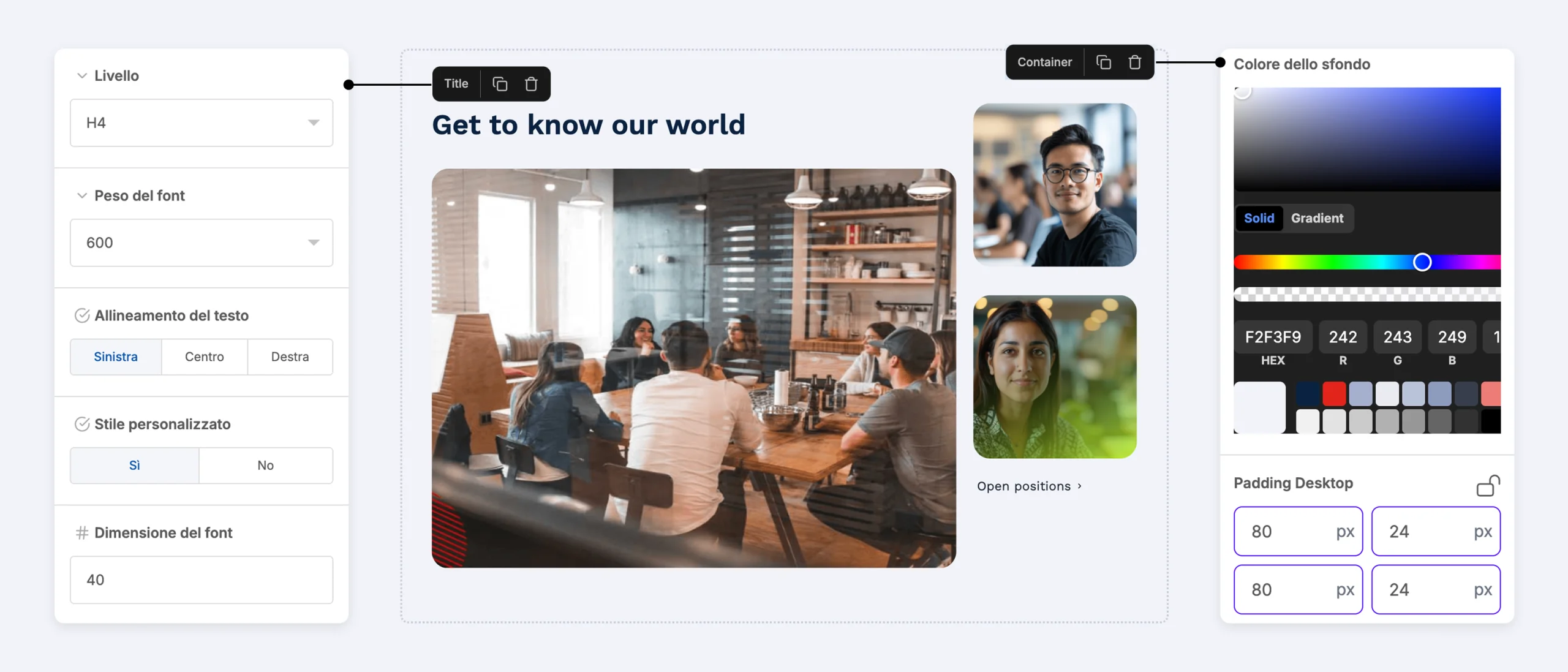 CMS e Site Builder — schermata dell'editor visuale di pagine