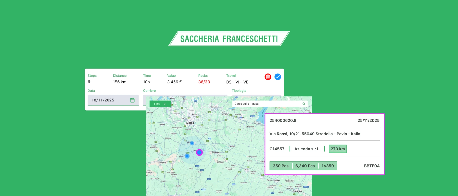 Dispatcher — dashboard di gestione ordini e mappa delle spedizioni Saccheria Franceschetti