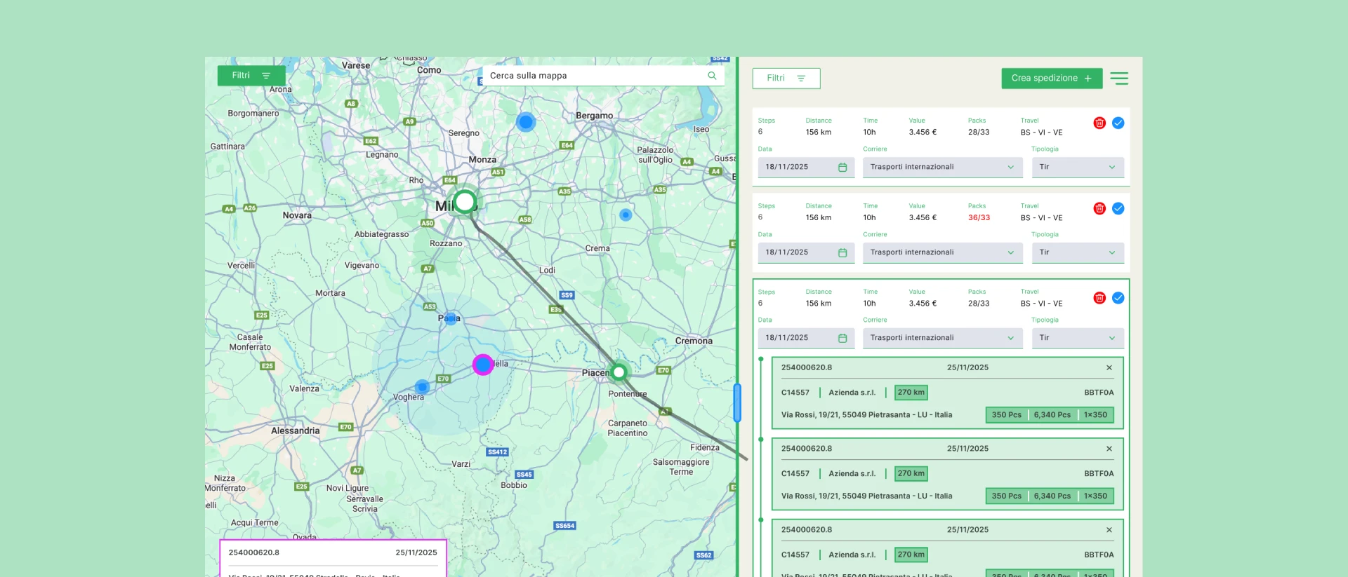 Dispatcher — dashboard completa con mappa spedizioni e lista ordini