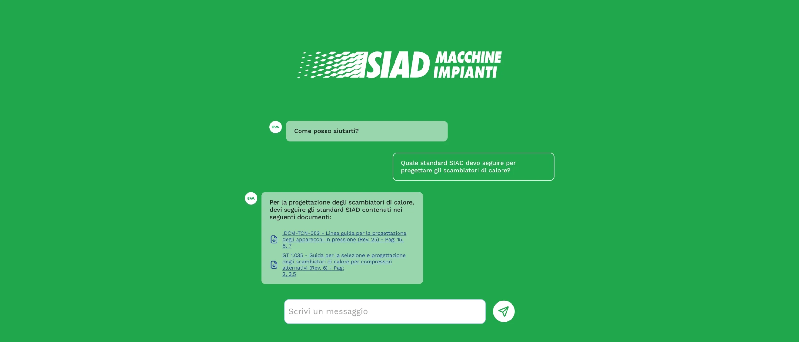 EVA AI — interfaccia dell'assistente virtuale per la documentazione tecnica SIAD