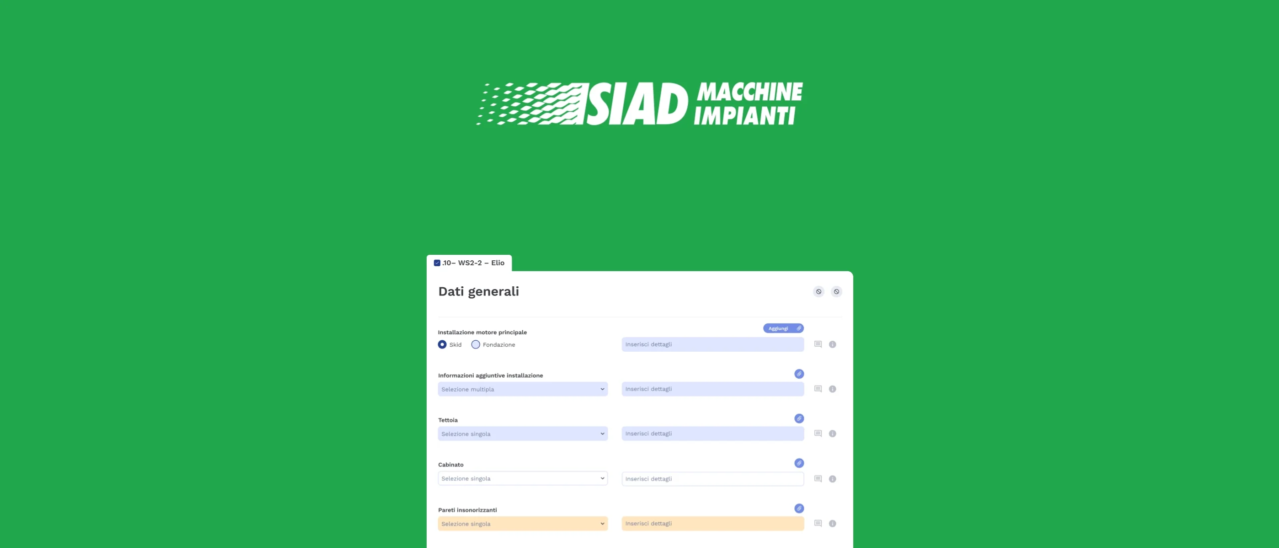 EVA — interfaccia dell'app di gestione progetti di ingegneria SIAD