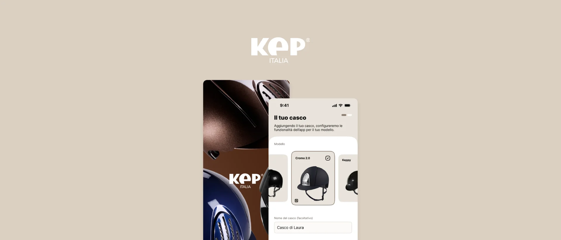 KepApp — schermate dell'app mobile e del casco KEP
