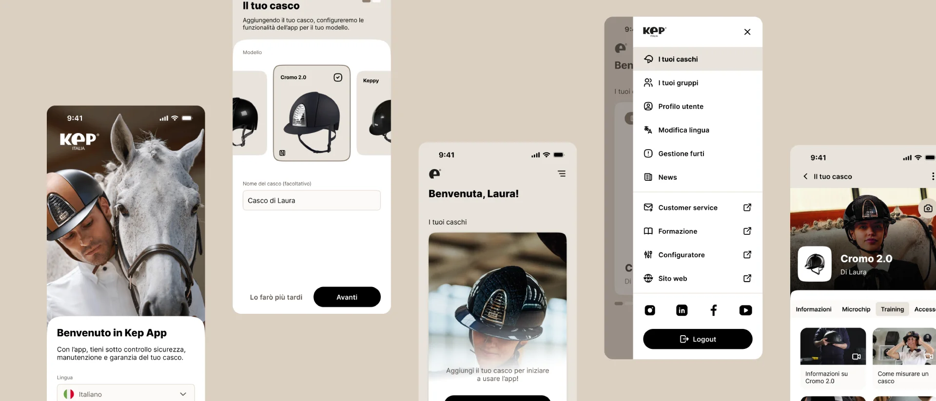Schermate dell'app KepApp — registrazione casco e menu principale