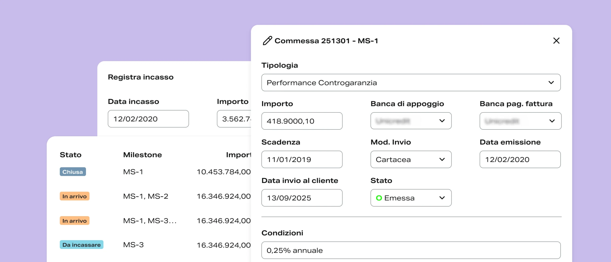 Software di monitoraggio commesse — schermata di gestione avanzamento