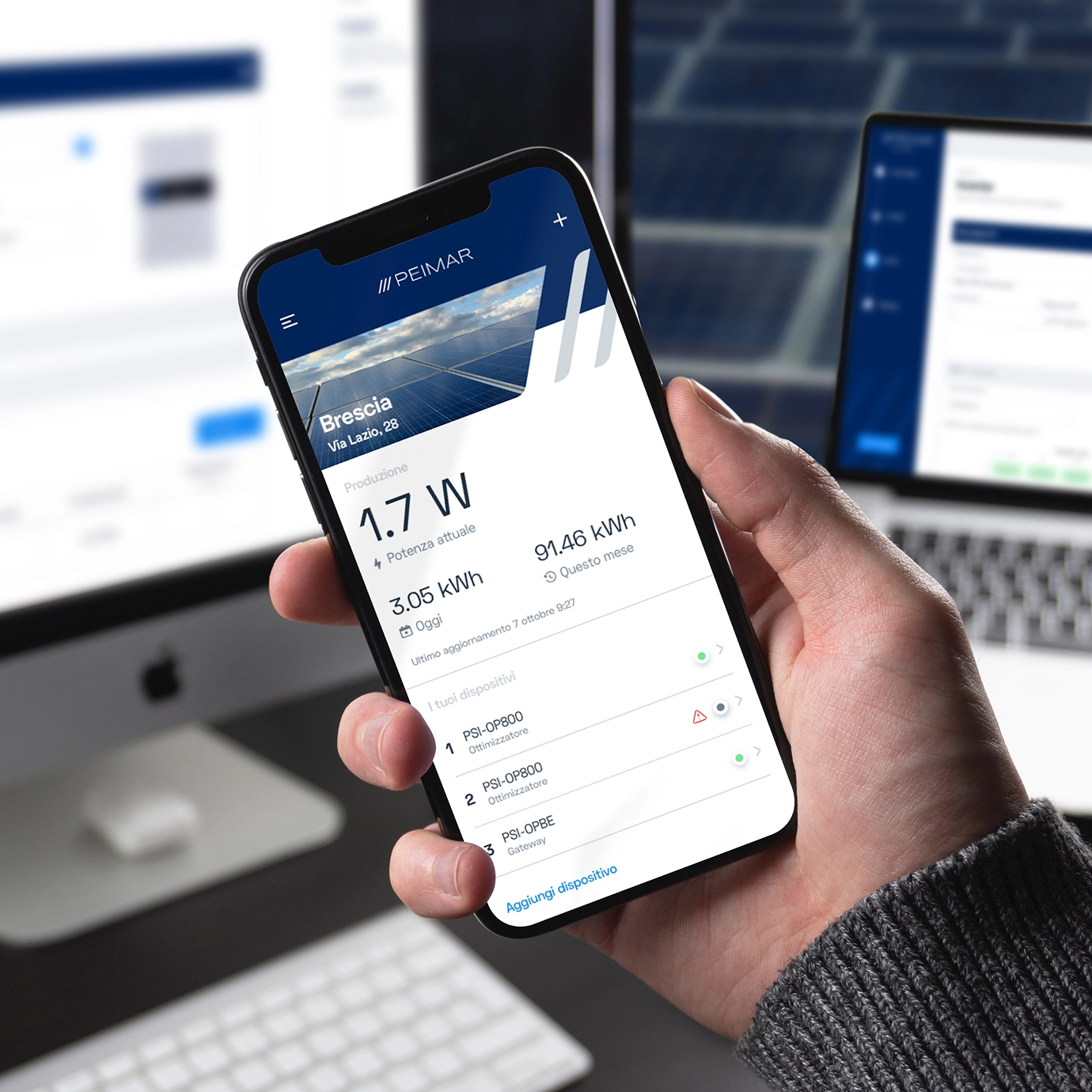 Peimar Monitoring — schermate dell'app di monitoraggio impianti fotovoltaici
