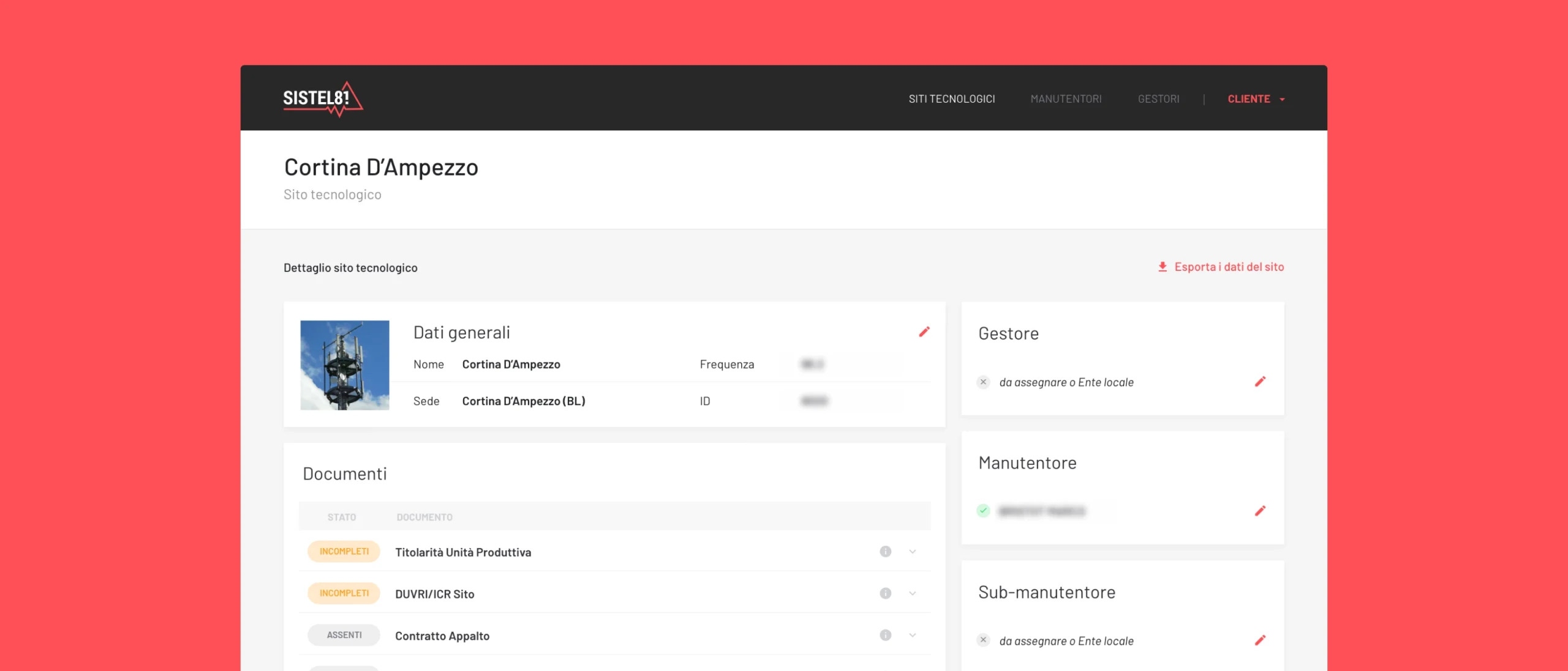 Sistel81 — schermata di gestione dei siti tecnologici