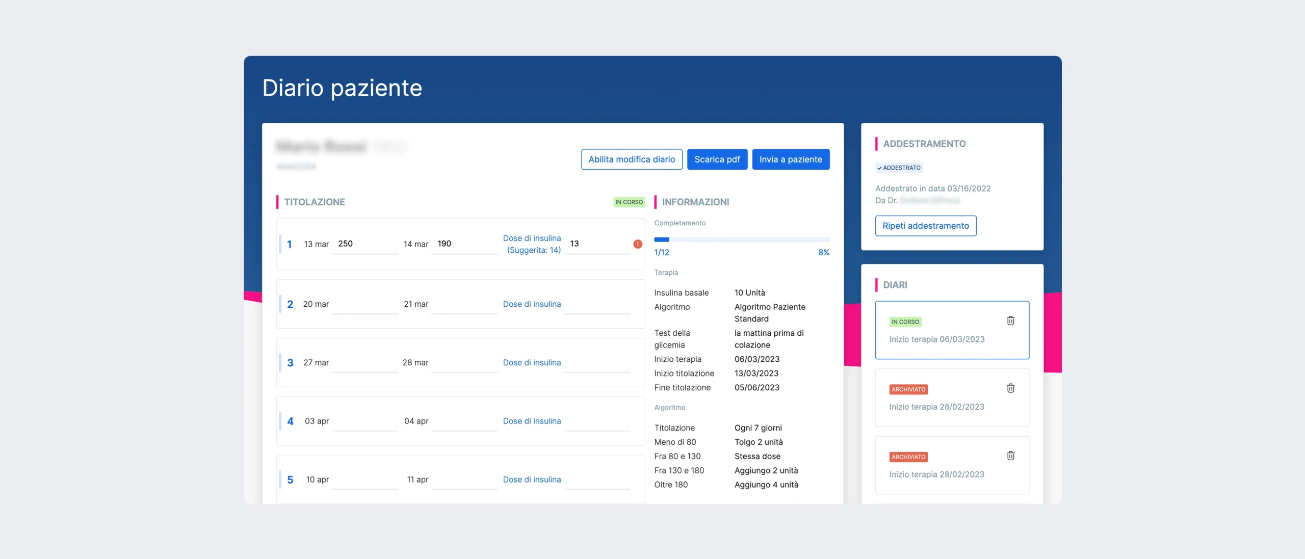 Titolando — schermate dell'app di gestione dei diari di titolazione
