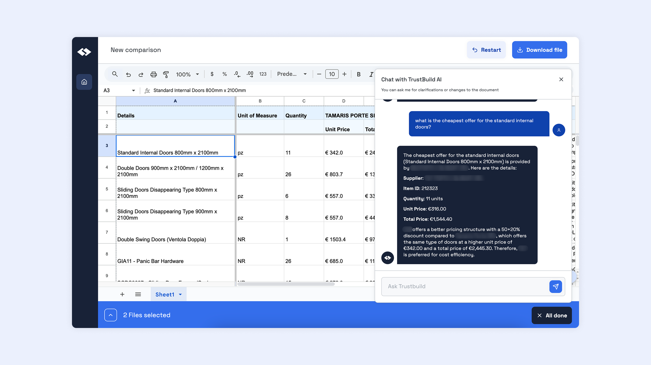 Trustbuild AI — schermata di confronto dei preventivi