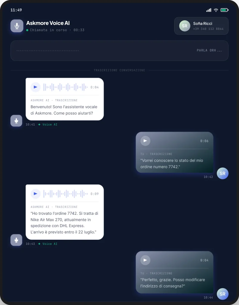 Interfaccia dell'assistente vocale Askmore durante una chiamata